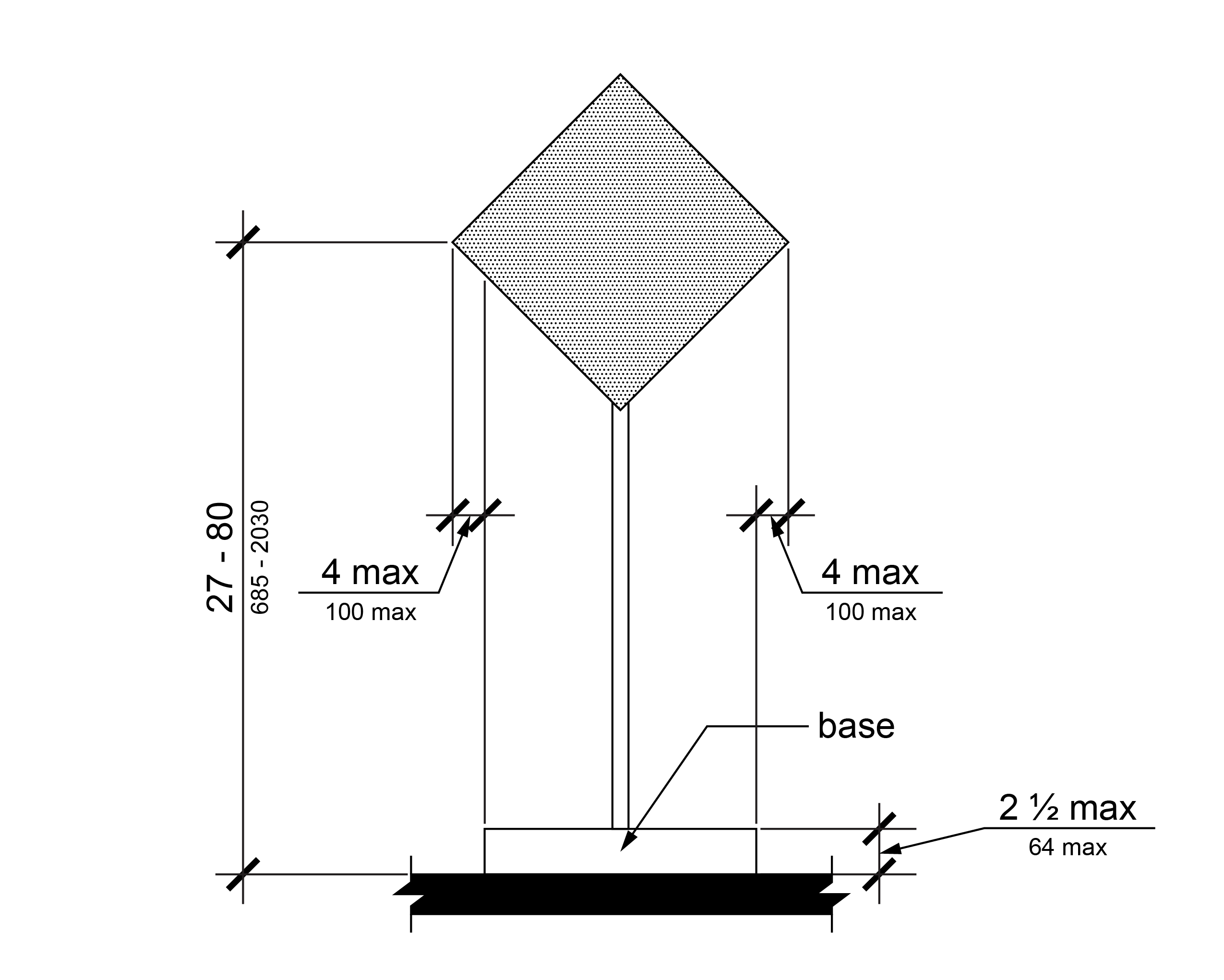 Elevation view of large diamond shaped sign with the side corners between twenty seven and eighty inches above the ground with the post mounted in a base.  The side corners of the sign do not extend more than four inches beyond the base.