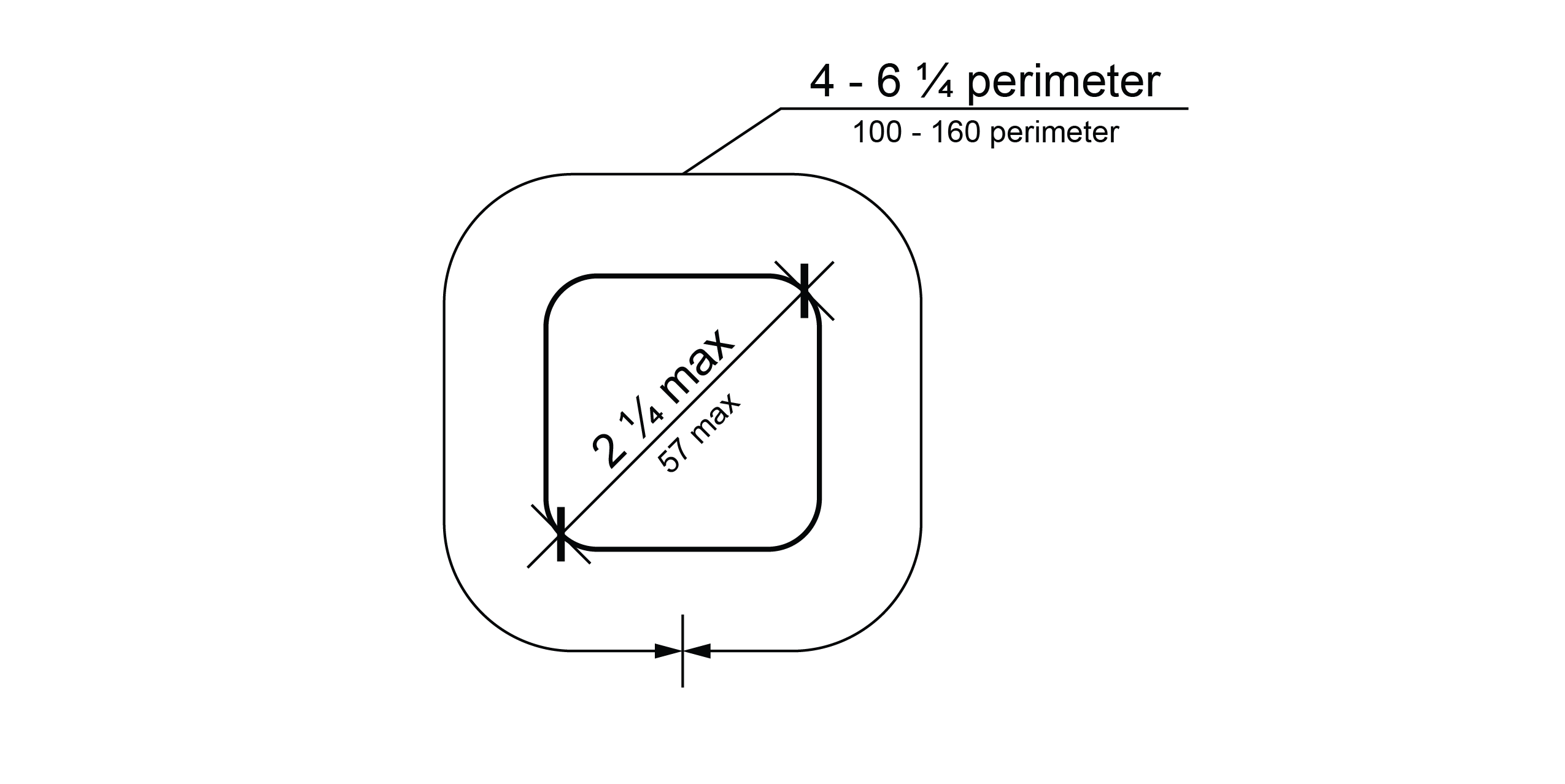 Cross section of rectangular non-circular handrail identifying the maximum width and perimeter length range.