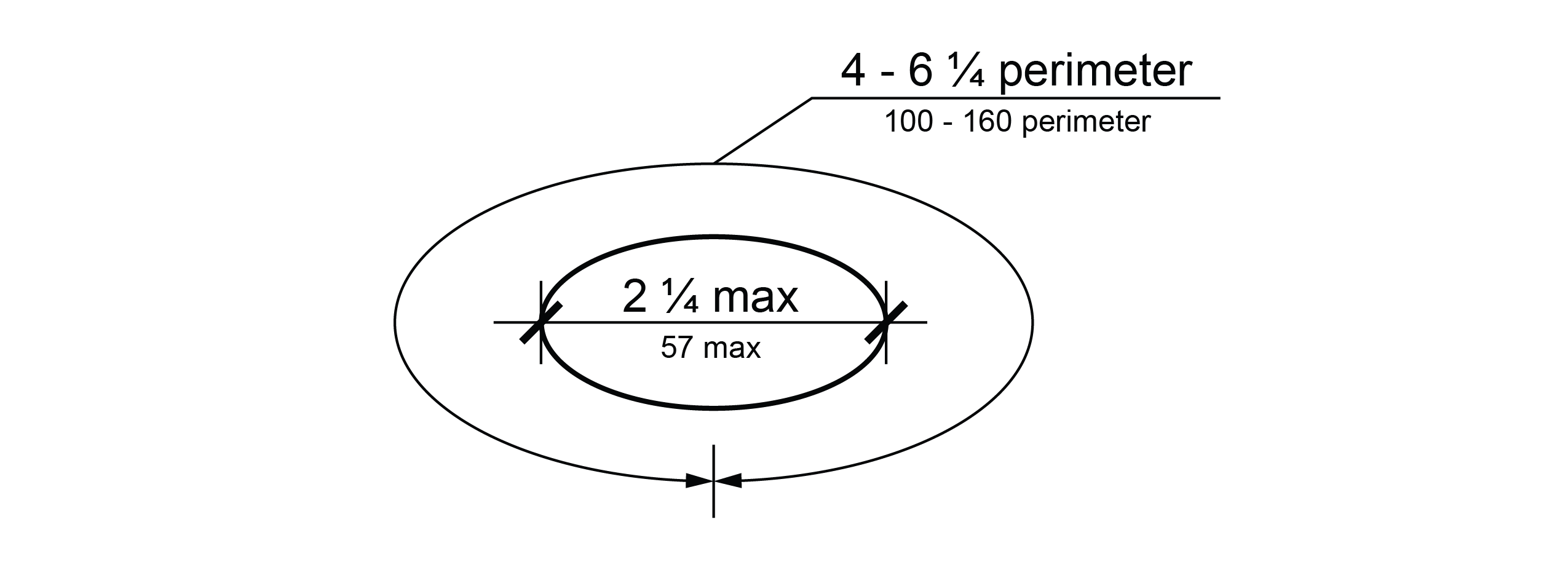 Cross section of elliptical non-circular handrail identifying the maximum width and perimeter length range.